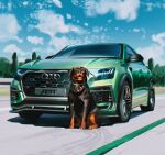  animal_focus audi audi_q8 audi_rs_q8 brown_eyes chop_(gta_v) clouds collar dog english_commentary grand_theft_auto grand_theft_auto_v green_collar marta_danecka no_humans open_mouth shadow sky smile sports_utility_vehicle vehicle_focus 