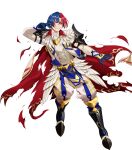  1boy alear_(engaging_fire)_(fire_emblem) black_footwear blue_eyes blue_gloves blue_hair cape circletewhite_cape damaged fire_emblem fire_emblem_engage gloves gold_trim heterochromia highres mikurou_(nayuta) multicolored_cape multicolored_clothes non-web_source official_alternate_costume pelvic_curtain red_cape red_eyes redhead solo torn_cape torn_clothes 