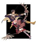  1boy 1girl aiming axe boots bow_(weapon) claude_von_riegan dark-skinned_male dark_skin fire_emblem fire_emblem:_three_houses highres hilda_valentine_goneril holding holding_axe holding_bow_(weapon) holding_weapon pink_eyes pink_hair weapon yachimata_1205 