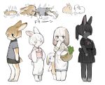  1boy 4girls :&lt; animal animal_ears apron bag basket black_bag black_eyes black_fur black_hair black_sailor_collar black_serafuku black_shirt black_skirt black_tail breasts bright_pupils brown_fur brown_tail buttons child closed_mouth collared_shirt commentary_request floppy_ears food furry furry_female furry_male grey_sailor_collar grey_shirt grey_shorts grey_skirt hand_to_own_mouth hand_up high_ponytail highres holding holding_basket japanese_clothes kimono large_breasts long_sleeves looking_at_viewer looking_to_the_side medium_hair motion_lines multicolored_hair multiple_boys multiple_girls obi original own_hands_together pink_sash pleated_skirt puff_of_air rabbit rabbit_boy rabbit_ears rabbit_girl rabbit_tail sailor_collar sakutake_(ue3sayu) sash school_bag school_uniform serafuku shirt shirt_overhang short_hair short_shorts short_sleeves shorts simple_background skirt standing streaked_hair tail waist_apron white_background white_fur white_hair white_kimono white_pupils white_shirt white_tail wide_sleeves 