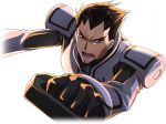  1boy armor artist_request backlighting black_bodysuit bodysuit brown_hair code_geass code_geass:_lost_stories forehead furrowed_brow game_cg grey_eyes grey_vest half-closed_eyes leaning_forward male_focus non-web_source official_art open_mouth short_hair shoulder_armor solo spiky_hair teeth tongue toudou_kyoushirou upper_body vest 