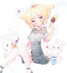 1girl :o anger_vein animal_ears black_footwear black_skirt blonde_hair blue_eyes buttons commission cup disposable_cup drinking_straw eyelashes feet_out_of_frame floppy_ears food grey_shirt grey_sleeves heart heart_in_eye high-waist_skirt holding holding_food holding_popsicle lace-trimmed_shirt lace_trim light_blush looking_at_viewer mary_janes miniskirt original over-kneehighs parted_lips pink_lips pleated_skirt popsicle rabbit rabbit_ears rabbit_tail shirt shoes short_hair short_sleeves simple_background skirt socks solo spoken_anger_vein spoken_heart spoken_star star_(symbol) suna--chan symbol_in_eye tail thigh-highs white_background white_socks 