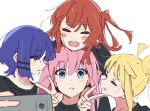  4girls ahoge atenaba black_shirt blonde_hair blue_eyes blue_hair blurry blurry_foreground blush_stickers bocchi_the_rock! cellphone chromatic_aberration closed_eyes gotoh_hitori hair_ornament hairclip head_on_head head_rest highres holding holding_phone ijichi_nijika kita_ikuyo long_hair looking_at_another multiple_girls one_side_up open_mouth parted_lips phone pink_hair redhead shirt short_hair side_ponytail simple_background smartphone sweatdrop taking_picture v white_background yamada_ryo yellow_eyes 