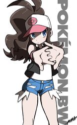  1girl ayakadegozans baseball_cap blue_eyes brown_hair closed_mouth commentary_request copyright_name denim denim_shorts eyelashes hat highres hilda_(pokemon) long_hair outstretched_arms pokemon pokemon_bw ponytail print_headwear shirt shorts signature simple_background solo standing stretching white_background white_headwear white_shirt 