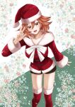  1girl aowasa boots breasts dress fate/grand_order fate_(series) floral_background fujimaru_ritsuka_(female) fujimaru_ritsuka_(female)_(white_christmas) hat looking_at_viewer medium_breasts open_mouth orange_eyes orange_hair santa_costume santa_dress santa_hat solo v 