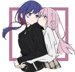  2girls atenaba black_skirt black_sweater blue_eyes blue_hair blush brown_skirt closed_mouth colored_inner_hair highres hug hug_from_behind imminent_kiss jewelry kaf_(kamitsubaki_studio) kamitsubaki_studio kiss kissing_cheek long_hair long_sleeves multicolored_hair multiple_girls necklace pink_background pink_hair plaid plaid_skirt redhead ribbed_sweater rim_(kamitsubaki_studio) shirt skirt sleeves_past_wrists sweater two-tone_background upper_body white_background white_shirt yellow_pupils yuri 