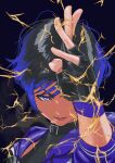  1girl black_choker black_hair choker eyelashes fighting_game fingerless_gloves foreshortening gloves hand_up lightning lips looking_at_viewer portrait reina_(tekken) short_hair smile solo tatsuo_susumu tekken tekken_8 violet_eyes 