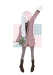  1girl 8taru1529 alternate_costume alternate_hairstyle bellibolt black_footwear boots earrings highres iono_(pokemon) jewelry multicolored_hair necklace pokemon pokemon_sv sharp_teeth simple_background solo teeth waving_arm 