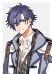  1boy belt black_coat blue_hair blue_trim border closed_mouth coat commentary_request eiyuu_densetsu grey_background grey_eyes hair_between_eyes highres jimen_ko male_focus outside_border rean_schwarzer sen_no_kiseki sen_no_kiseki_iii shirt short_hair simple_background solo upper_body white_border white_coat white_shirt 