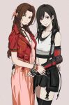  2girls aerith_gainsborough arm_around_waist black_hair black_thighhighs braid braided_ponytail brown_hair closed_mouth commentary crop_top dress earrings eyelashes final_fantasy final_fantasy_vii final_fantasy_vii_rebirth final_fantasy_vii_remake fingerless_gloves gloves green_eyes grey_background hair_ribbon highres holding_another&#039;s_wrist jacket jewelry looking_at_viewer multiple_girls navel necklace pink_dress pink_eyes pink_ribbon red_jacket ribbon shiren_(ourboy83) skindentation skirt smile suspender_skirt suspenders thigh-highs tifa_lockhart upper_body zettai_ryouiki 