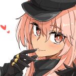  1girl arknights black_gloves black_headwear blush cabbie_hat closed_mouth commentary_request gloves gravel_(arknights) hair_between_eyes hand_up hat heart long_sleeves looking_at_viewer maiq06 pink_hair portrait red_eyes simple_background sleeves_past_wrists smile solo thick_eyebrows white_background 