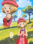  1girl :d aki_(yunkana) blonde_hair blue_eyes blue_ribbon card clouds commentary_request day dress eyelashes grass hands_up hat head_tilt highres holding holding_card multiple_views neck_ribbon open_mouth outdoors pink_dress pointing pokemon pokemon_(anime) pokemon_xy_(anime) raised_eyebrows ribbon serena_(pokemon) short_hair sky sleeveless smile tongue translation_request tree yu-gi-oh! 