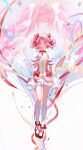  1girl absurdres bow breasts bubble_skirt closed_eyes dress dual_persona gloves goddess_madoka hair_bow highres kaname_madoka kneehighs magical_girl mahou_shoujo_madoka_magica mahou_shoujo_madoka_magica_(anime) pink_bow pink_dress pink_eyes pink_hair pink_ribbon puffy_short_sleeves puffy_sleeves red_footwear ribbon shoes short_hair short_sleeves short_twintails skirt small_breasts socks soul_gem twintails white_gloves zutto_(dfvn7377) 