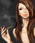  brown_hair cigarette_holder hair_over_breasts hair_over_one_eye hitowa lips long_hair nude original sketch solo 