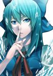 adult alternate_hairstyle blue_eyes blue_hair bow cirno face hair_bow hands ice lips long_hair rby_(artist) shushing solo touhou 