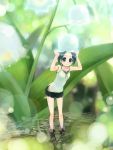  blue_hair boots flower ikeda_jun legs lily_(flower) lily_of_the_valley minigirl object_on_head original short_hair skirt smile solo standing 