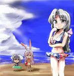  :d adapted_costume alternate_costume ball bangs beach beachball bikini blue_sky bow breast_hold breasts chibi cleavage cloud grey_eyes grey_hair hair_bow hand_on_own_cheek hashimoto inaba_tewi innertube long_hair looking_at_viewer midriff miniskirt multiple_girls navel ocean one-piece_swimsuit open_mouth outdoors parted_bangs pink_hair pleated_skirt reisen_udongein_inaba skirt sky smile solid_circle_eyes standing strap_gap swimsuit tankini touhou yagokoro_eirin 