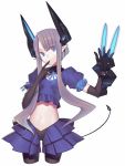  asymmetrical_bangs bad_id bangs blue_eyes claw_(weapon) cropped_legs detached_collar elbow_gloves elf finger_to_mouth flat_chest gauntlets gloves hair_ornament long_hair mckeee midriff navel original pantyhose payot pointy_ears ribbon robot_ears silver_hair slit_pupils smile solo tail 