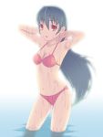  :o armpits arms_up bikini blue_hair breasts cleavage halterneck icelee long_hair navel original red_eyes solo swimsuit very_long_hair wading water wet 