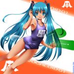  green_eyes green_hair hand_on_headphones hatsune_miku headphones inflatable_toy long_hair name_tag one-piece_swimsuit school_swimsuit spring_onion swimsuit twintails vocaloid 