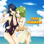  asakura_ryouko bad_id bikini blue_eyes blue_hair breasts casual_one-piece_swimsuit cleavage eringi_oishii green_eyes green_hair kimidori_emiri long_hair one-piece_swimsuit ponytail sarong suzumiya_haruhi_no_yuuutsu swimsuit waving 