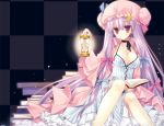  1girl book bow breasts checkered checkered_background choker cleavage crescent crescent_moon flat_gaze hair_bow hat holding lantern long_hair miyasu_risa open_book patchouli_knowledge purple_eyes purple_hair ribbon ribbon_choker sitting striped touhou violet_eyes 