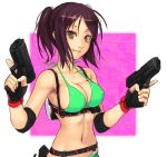  bikini_top breasts brown_eyes brown_hair cleavage dual_wielding elbow_pads erect_nipples fingerless_gloves glock gloves gun handgun midriff navel pistol ponytail smile solo strap trigger_discipline weapon 