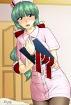  green_eyes green_hair hat highres kagiyama_hina nurse nurse_cap pantyhose ribbon short_hair solo statue_of_moyai touhou 