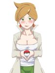  araragi_(pokemon) breasts brown_hair cleavage earrings green_eyes hand_in_pocket holding holding_poke_ball jewelry labcoat licking poke_ball pokemon pokemon_(game) pokemon_black_and_white pokemon_bw popped_collar ribonzu short_hair simple_background skirt smile solo tongue white_background 