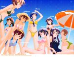  blue_eyes blue_hair brown_hair competition_swimsuit cover crease glasses green_eyes hat headband highres one-piece_swimsuit parasol pink_eyes ponytail ribbon school_swimsuit straw_hat straw_head swimsuit swinsuit teri_terio umbrella yellow_eyes 