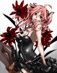  belt black_dress dress fangs fishnets flower frills head_tilt kmikan lace latex lipstick long_hair pink_eyes pink_hair shiki shimizu_megumi solo thighhighs twintails zettai_ryouiki zipper 