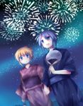  bad_id blonde_hair blue_eyes fireworks highres holding_hands japanese_clothes kanon_(umineko) kimono okara_kirazu umineko_no_naku_koro_ni ushiromiya_jessica yukata 