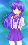  ayarin103 bad_id blue_hair bow furude_rika higurashi_no_naku_koro_ni hime_cut long_hair open_mouth purple_hair school_uniform skirt solo standing suspenders 
