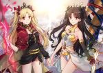  2girls asymmetrical_sleeves bangs black_hair black_leotard black_ribbon blonde_hair cape collarbone commentary_request earrings ereshkigal_(fate/grand_order) fate/grand_order fate_(series) hair_ribbon heavenly_boat_maanna hoop_earrings infinity ishtar_(fate/grand_order) jewelry leotard long_hair looking_at_viewer multiple_girls neck_ring niu_illuminator parted_bangs pixiv_fate/grand_order_contest_2 red_cape red_eyes red_ribbon ribbon siblings single_detached_sleeve single_sleeve sisters skull smile spine sun sword tiara two_side_up weapon 