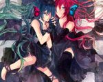  akatsuki_(4941086) bad_id butterfly butterfly_hair_ornament butterfly_wings dress elbow_gloves fingerless_gloves gloves hair_ornament hair_over_one_eye hat hatsune_miku holding_hands magnet_(vocaloid) megurine_luka multiple_girls nail_polish thigh-highs thighhighs top_hat vocaloid wings 