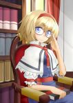  alice_margatroid bespectacled blonde_hair blue_eyes book chair glasses kasuka smile touhou 