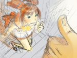  bow brown_hair dress green_eyes grin idolmaster looking_up pocchom running sketch smile solo takatsuki_yayoi thumbs_up twintails 