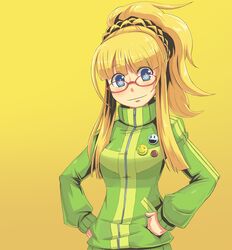  buttons cosplay dan_(orange_train) glasses gradient gradient_background green_eyes hands_on_hips long_hair persona persona_4 ponytail princess_(sekaiju) red-framed_glasses satonaka_chie satonaka_chie_(cosplay) sekaiju_no_meikyuu sekaiju_no_meikyuu_3 smile solo track_jacket 