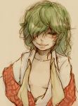 bad_id blush bust collarbone face green_eyes green_hair grin hair_over_one_eye kazami_yuuka lips naughty_face open_clothes open_shirt plaid_vest shirt simple_background sketch smile solo touhou untied yuzutaro 