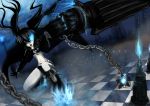  arm_cannon bikini_top black_hair black_rock_shooter black_rock_shooter_(character) blue_eyes boots chain coat glowing glowing_eyes highres long_hair midriff navel pale_skin scar shorts solo superuezou twintails very_long_hair weapon 