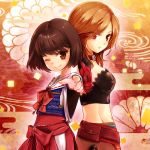  back-to-back bow brown_hair choker elbow_gloves finger_gun flower foreshortening gloves japanese_clothes kimono kurokiri midriff multiple_girls pointing pouch saika_magoichi_(sengoku_basara) sash sengoku_basara short_hair smile tsuruhime wink 