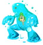  aqua_eyes barefoot breasts bubble green_hair leg_hug long_hair monster nude simple_background slime 
