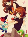  1boy 1girl bare_shoulders blue_eyes brown_eyes brown_hair denim denim_shorts hat hat_removed headwear_removed oshawott poke_ball pokemon pokemon_(creature) pokemon_(game) pokemon_bw shorts snivy tepig touko_(pokemon) touya_(pokemon) vest welchino 