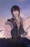  belt black_hair foreshortening hands long_hair male muted_color open_clothes open_shirt outstretched_arm outstretched_hand purple_eyes reaching sarai shirt sky smile solo star star_(sky) starry_sky tales_of_(series) tales_of_vesperia twilight violet_eyes yuri_lowell 