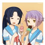  asakura_ryouko blue_hair face food food_on_face ice_cream nagato_yuki ponytail purple_hair sear_(artist) suzumiya_haruhi_no_yuuutsu 