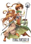  1girl braid brother_and_sister brown_hair cape character_name earrings final_fantasy final_fantasy_iv grin hair_bobbles hair_ornament jewelry open_mouth palom pendant pointing ponytail porom purple_eyes siblings single_braid smile ssol staff striped title_drop twins violet_eyes 