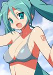  9law :d bikini breasts bust cleavage green_eyes green_hair hatsune_miku long_hair open_mouth smile solo swimsuit twintails vocaloid wet 