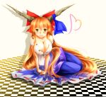  adult artist_request bare_shoulders blonde_hair blush bow breasts checkered checkered_floor cleavage hair_bow highres horns huge_breasts ibuki_suika large_breasts long_hair orange_hair sanzou_(tail9) smile solo touhou undressing yellow_eyes 