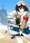  airplane black_hair goggle goggles goggles_on_head kagemori_toshiya mecha_musume personification propeller red_eyes scarf ship short_hair skirt solo 