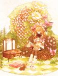  animal_hat blonde_hair bunny checkered checkered_floor closed_eyes flower hair_ribbon hat lily_(flower) original ribbon rose sitting solo striped striped_legwear striped_thighhighs thigh-highs thighhighs white_rose wreath 